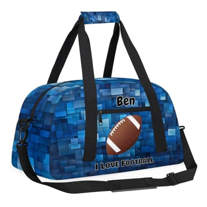 Custom Sports Bags for Boys I Love Football Blue Geometric Pattern | Personalized Named Practice Travel Overnight Training Bag - color: Color 18