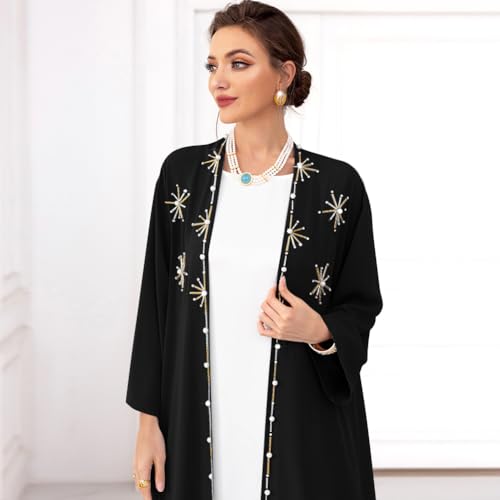 IDOPIP Muslim Abayas for Women Long Sleeve Open Front Cardigan Rhinestone Applique Islamic Dubai Maxi Kaftan Dress with Belt - color: Black, size: X-Large