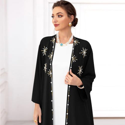 IDOPIP Muslim Abayas for Women Long Sleeve Open Front Cardigan Rhinestone Applique Islamic Dubai Maxi Kaftan Dress with Belt - color: Black, size: Medium