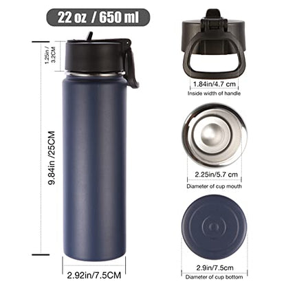 Volhoply Insulated Water Bottles with Straw Bulk 4 Pack, 22 oz Stainless Steel Sports Bottle, Double Walled Vacuum Metal Water Cups with Wide Mouth, Reusable Cold Water Flask for Hiking(Navy,4 Set) - color: Navy