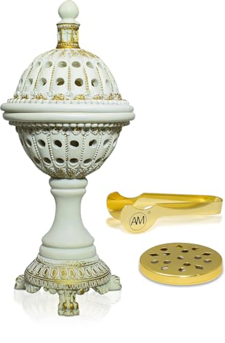 AM Luxury Globe Incense Burner - Bakhoor Cone Holders | Frankincense Charcoal Burner | Mabkhara | for Office & Spiritual Décor (White) - color: White