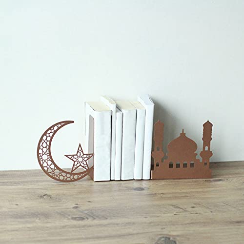 IWA Concept | Crescent and Masjid Islamic Metal Bookend | Home Decor or Islamic Decor for Table or Shelves | Home Decorations for Ramadan Gifts | Islamic Gift | (Copper) - color: Copper