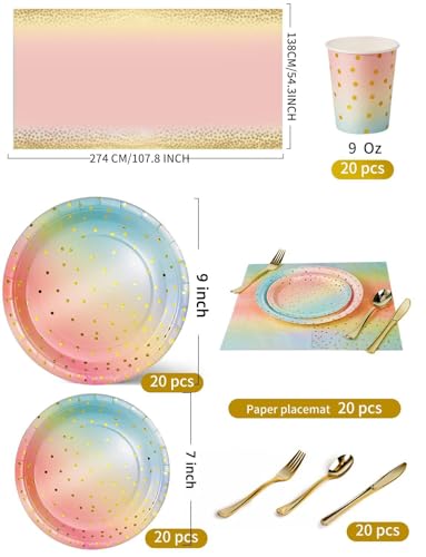 Nkaiso 141Pcs Rainbow Paper Plates and Napkins Party Supplies for20 - color: Rainbow