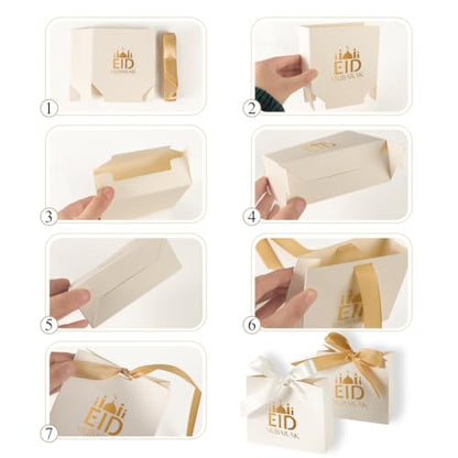 20 Pack Eid Party Favor Box, Eid Moon Candy Box, Ramadan Mubarak Party Goodie Box, DIY Eid Treat Paper Box with Ribbon Bow, Islam Muslim Wedding Festival Candy Box, Chocolate Cookie Souvenir Boxes for Eid Party Supplies Gold Castle Goodie Present Bag - co