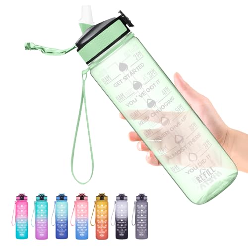 Hyeta Water Bottle with Straw & Time Marker, Plastic 32oz Leakproof | Motivational Tritan BPA Free Gym Office Outdoor Intake Tracker Hourly Reminder Straw Lid Carry Strap - color: Clear Green