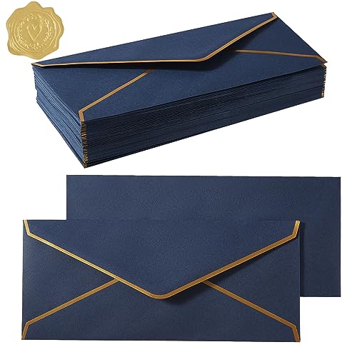 100 Pack #10 Business Envelopes with Gold Stickers, Navy Blue | Self Seal Standard Envelopes with Gold Border, 4 1/8 x 9 1/2 Inches, For Office, Checks, Letter Mailing, Invoices - color: Navy Blue