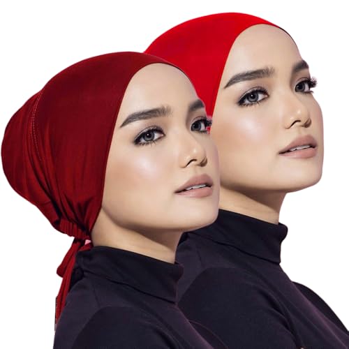 Women Under Scarf Hat Hijab Undercap Islamic Muslim Under Scarf Hijab Cap with Tie-Back Closure - color: Red+marron