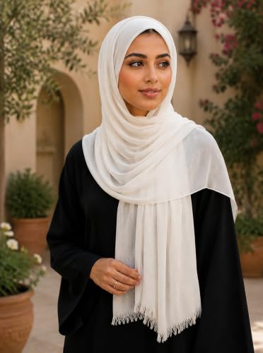 Cotton Linen Plain Hijab Scarf For Women,Muslim Viscose Crinkle Edge With Fringe,Summer Beach Wrap Headwraps Shawl - color: 29#white