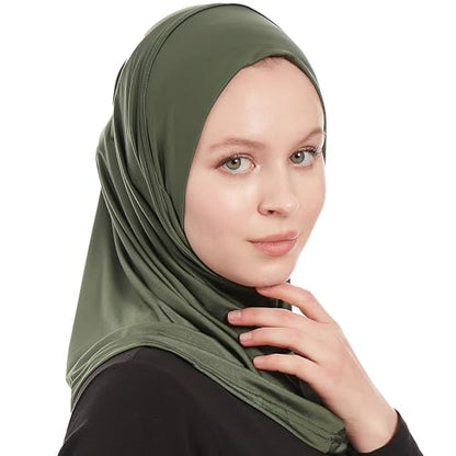 Plain Ready To Wear Amira Hijab for Women - Muslim Instant Amira Jersey Scarf – Soft Muslim One Piece Instant Hijab Headscarf - color: Khaki