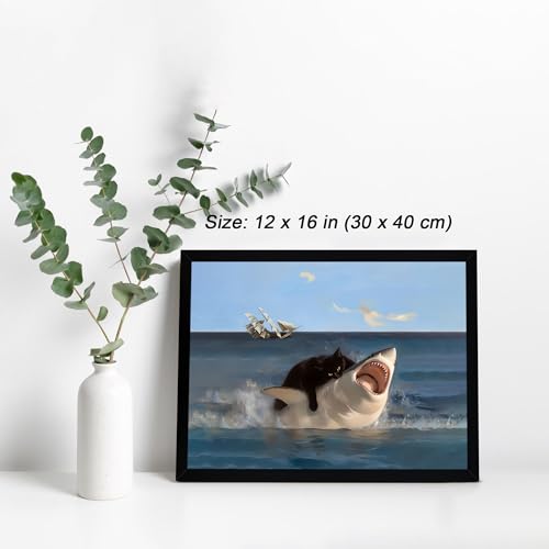ICHZUMW Framed Funny Black Cat Biting Shark Ocean Canvas Wall Art 12x16 In - color: Black Shark Rider, size: 16"L x 12"W