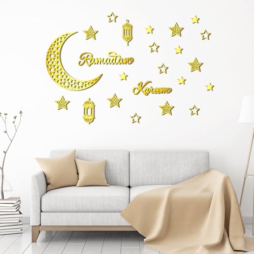 Geelin 23 Pcs Ramadan Decorations for Home 2026 Eid Ramadan Kareem Mubarak Wall Decor Islamic Wooden Gold Moon Star Lantern Wall Art Sign for Living Room Bedroom Muslim Arabic Party Supplies(Kareem) - style: Kareem