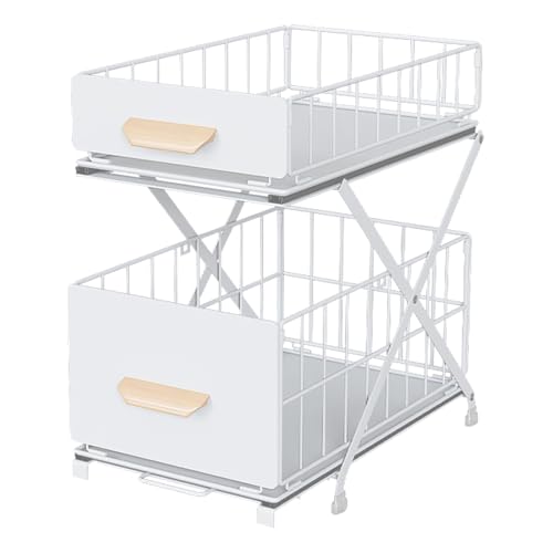 2 Tier Pull Out Cabinet Organizer, Under Sink Organizer, White | Adjustable Height, Slide Out Pantry Shelves Drawer Storage for Kitchen Organization - color: White