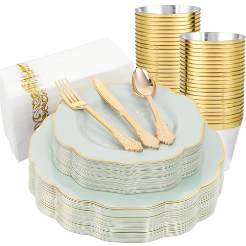 NOCCUR 175PCS Sage Green Plastic Plates with Gold Disposable Silverware - Include 50 Green and Gold Plastic Plates,25 Knives,25 Forks,25 Spoons,25 Cups and 25 Napkins - Wedding/Party/Baby Shower - color: Sage Green, size: 175 Pieces (25 Guests)