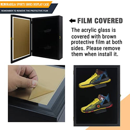 Memorabilia Sports Shoes Display Frame Case Lockable Wall Mount Wooden Cleat Sneaker Cabinet Storage Shelves Box for Football Basketball Sports Shoes Display with Anti-Fade UV Protection Acrylic Door