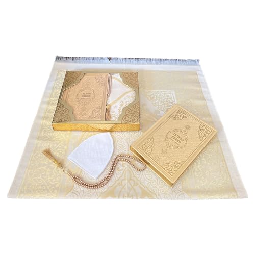 Decoret English Translate Thermo Leather Covered Quran, Tafta Prayer Mat, Pearl Breads and Luxury Gift Box 4 Pieces Set, Great Ramadan Gifts for Muslim Men and Women Gift (1 Sets, Gold) - color: Gold, size: 1 Sets