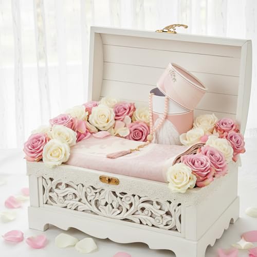 BABY SHOWER CHOCOLATE 이슬람 기도 러그 및 태즈비 선물 세트 원통형 상자 포함 - 무슬림 사자다 기도 매트 및 비즈 - 남성과 여성을 위한 우아한 종교 선물 (신부 디자인 - 우아한 신부 상자)