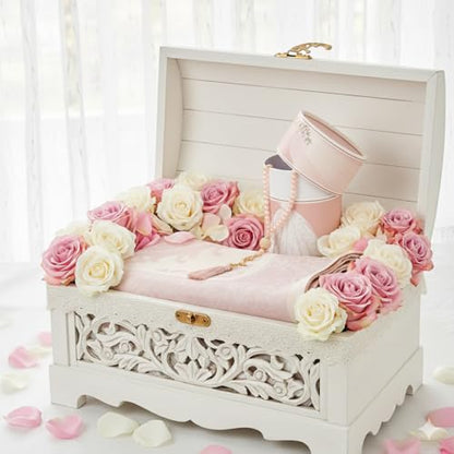 BABY SHOWER CHOCOLATE 이슬람 기도 러그 및 태즈비 선물 세트 원통형 상자 포함 - 무슬림 사자다 기도 매트 및 비즈 - 남성과 여성을 위한 우아한 종교 선물 (신부 디자인 - 우아한 신부 상자)