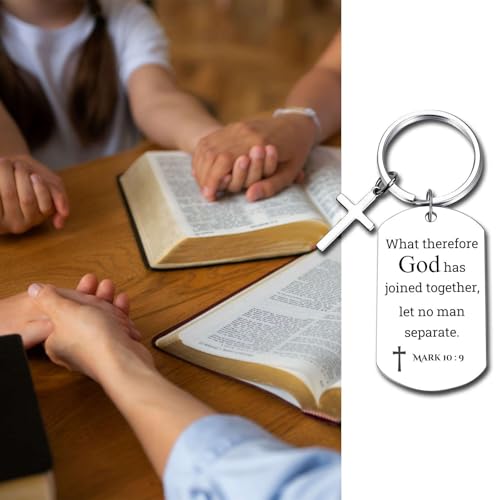 GiftYou Inspirational Scripture Metal Key Chains with Cross Pendant - Bible Verse Keychain Religious Gift for Christian - color: Mark 10:9