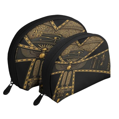 Egyptian Hieroglyphics 2-Piece Shell Makeup Bag Set, Large Capacity Travel Cosmetic Bag For Women With Zipper, Waterproof Polyester Toiletry Organizer Pouch For Purse, Travel, Gym & Daily Use - color: Egyptian Hieroglyphics2