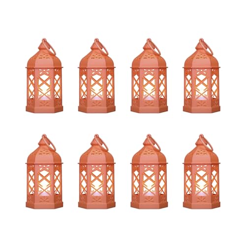 8-Pack Mini Lanterns for Ramadan, Halloween, Christmas, Small Lanterns with Flickering LED Candle for Enchanted Forest Wedding, Moroccan Lantern for Table Centerpiece, Medieval Decor, Orange - color: Orange