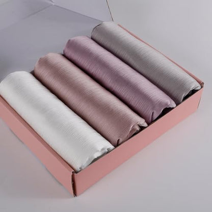 Febfim 4PCS Muslim Women Natural Wrinkle Long Satin Crepe Hijab Set Scarves Smooth Crinkle Ladies Shawl Wrap Set - color: Color 1