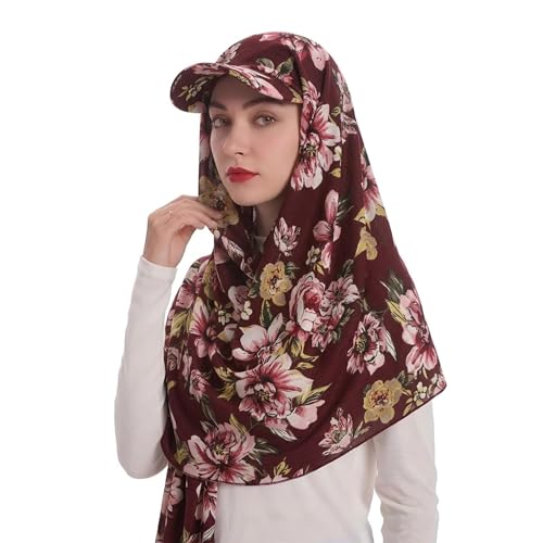ZLYC Women Muslim Hijab Scarf with Visor Built-in Undercap Sun Protection Headwrap - color: Floral Burgundy