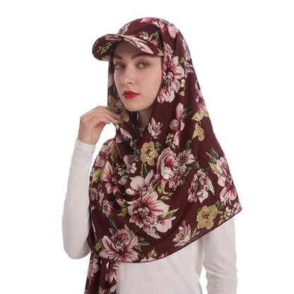 ZLYC Women Muslim Hijab Scarf with Visor Built-in Undercap Sun Protection Headwrap - color: Floral Burgundy