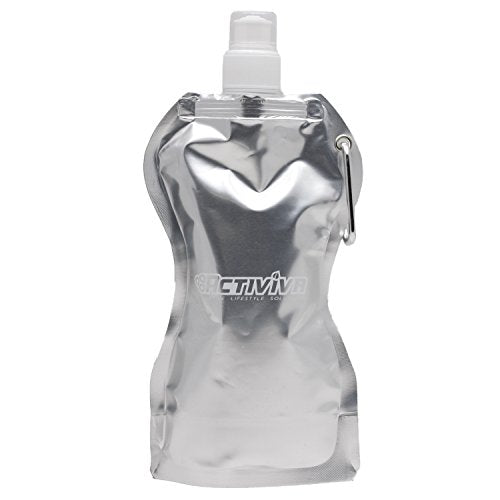 Collapsible Reusable Water Bottle with Carabiner Clip by Activiva - Light Weight Leak Proof Foldable Drinking Water Bottle - Non-Toxic BPA Free - 16.9 oz - 4 Pack - color: Black,Silver,Camo,Clear