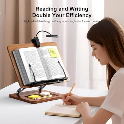 OPTIXCELL Book Stand for Reading with Light, Book Holders for Reading Hands Free, Adjustable Height & Angle, Fits Cookbook Recipe, Textbook, Foldable for Kitchen, Office, School,Gift for Book Lovers - style: Book Stand (Light)