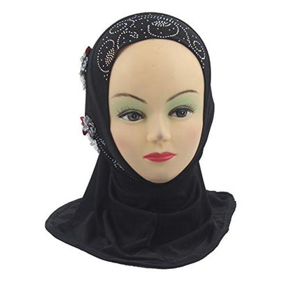 Instant Hijab for Kids Girls Hijabs Muslim Islamic Head Scarf with Rhinestone and Flowers - color: Black