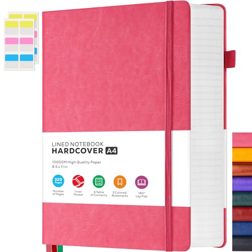 FOCUS DAY Lined Journal Notebook for Women/Men Writing Work, 320 Pages A4 Large Notebook notepads 8.5 x 11 for Note Taking, Hardcover Leather Journal, 100Gsm Thick Paper, Pink - color: 6.Pink, size: A4