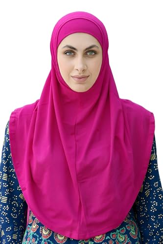 SARJANA Women's Solid Color Cotton Hijab with Under Scarf Cap Ready to Wear Stretch Scarves Long Scarfs FREE SIZE - color: Magenta
