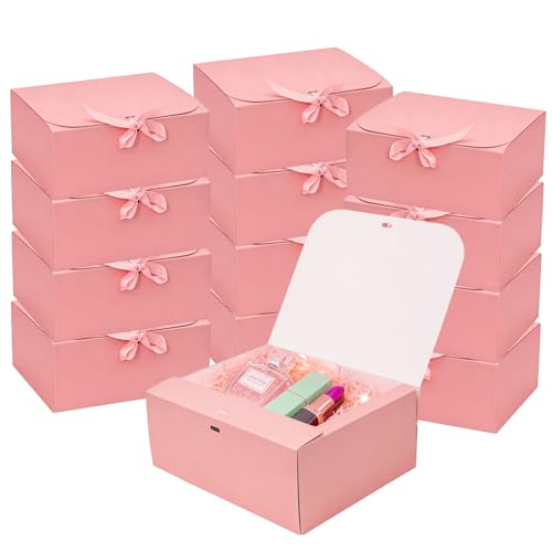 LWYMX 12 PCS Pink Gift Boxes with Lids，9.8x7.8x3.9, Bridesmaid Proposal Box with Ribbon, Gift Boxes for Wedding, Christmas, Valentine's Day,Birthday,Baby Shower and the other Parties - color: Pink, size: 1 Count (Pack of 12)