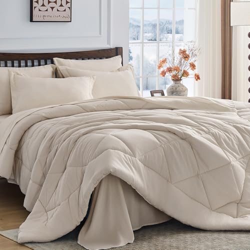 7-Piece King Comforter Set, Beige | Reversible, All-Season, Soft, 7 Piece Set, All-Season Reversible Bed in a Bag, Flat Sheet, Fitted Sheet, Pillowcases - color: Beige, size: King
