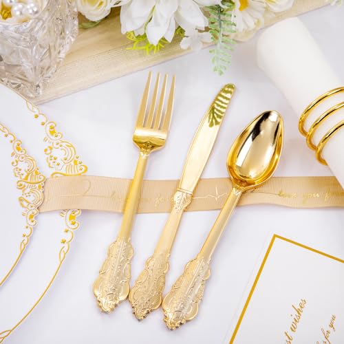 Hioasis 175pcs White and Gold Plates - White Party Plates for 25 Guest, Include 50 Heavy-duty Plates(20% Thicker Than Standard), 25 Cutlery Set, 25 Napkin, 25 Cups for Party & Wedding & Graduation - color: White and Gold