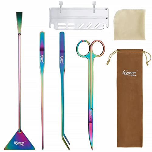 hygger 6-in-1 Long Aquarium Aquascaping Tools Kit, Color Stainless Steel Premium Aquatic Plant Tweezers Scissors Spatula Kit Comes with 1 Tool Holder and 1 Cleaning Cloth, for Fish Tank Starters - color: Multi-colored