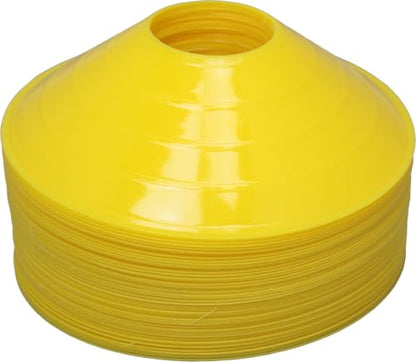 BlueDot Trading High Visibility Disc Cones - 100-Pack Lightweight Plastic Sports Cones for Agility Training, Soccer, Football, Speed Drills, Field Markers for Adults & Kids, Yellow