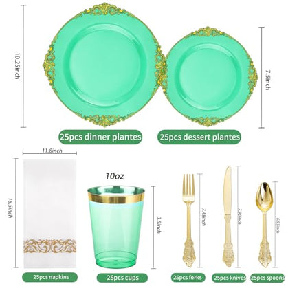 Hioasis 175pcs Clear Green Plastic Plates - Elegant Disposable Dinnerware Set Suitable for 25 Guests Include 10.25" Dinner & 7.5" Dessert Plates, Cutlery, Napkins, Cups for Party & St. Patrick's Day - color: Clear Green and Gold