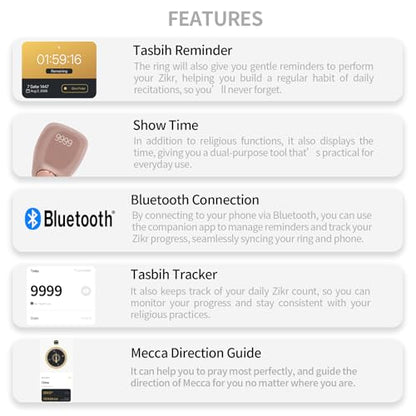 XG.&co Zikr Smart Ring,Adjustable Ring Finger Counter, Tasbeeh Counters, Prayer Direction Indicator Guide,5 Azan Alarm Clock, APP Support Eid al-Fitr Eid Muslims (Rose Gold Faith+) - style: Rose Gold 16 18 20 22 24mm
