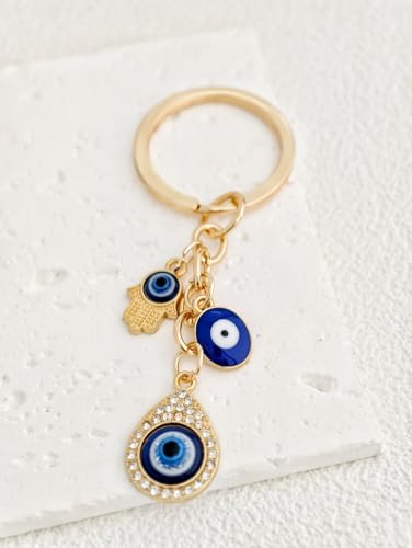 Blue Evil Eye Keychain Hamsa Hand Protection Keyring Good Luck Amulet for Purse Keys,Spiritual Gift for Women Men - color: Gold-2