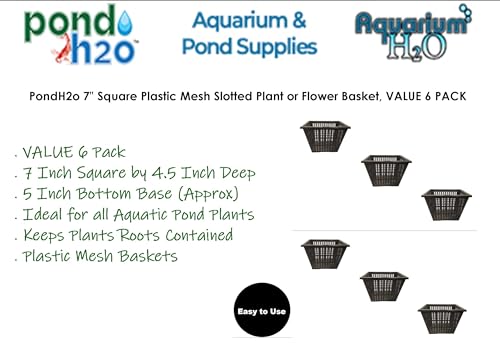 PondH2o 7 Inch (18cm) Square Plastic Slotted Mesh Baskets for Water Garden Pond Pond Plants or Flowers | Value 6 Pack, Aquatic Planting Nets Pots for Ponds, Aquariums, Aquaponics, Hydroponics