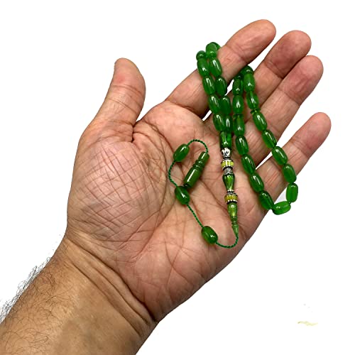 EXCLUSIVE COLLECTION -Handmade Silver Engraved Bakelite Tesbih, Tasbih, Islamic Rosary, Islamic Prayer Beads, Misbaha (6x11 mm 33 Lime Green Beads) - color: 6x11 mm 33 Lime Green Beads