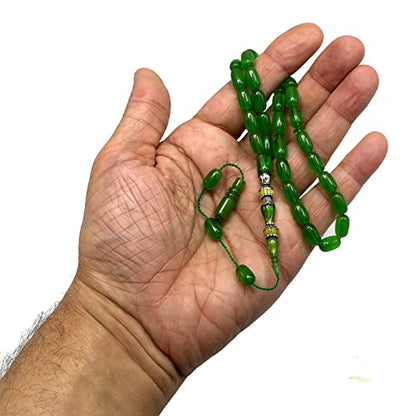 EXCLUSIVE COLLECTION -Handmade Silver Engraved Bakelite Tesbih, Tasbih, Islamic Rosary, Islamic Prayer Beads, Misbaha (6x11 mm 33 Lime Green Beads) - color: 6x11 mm 33 Lime Green Beads