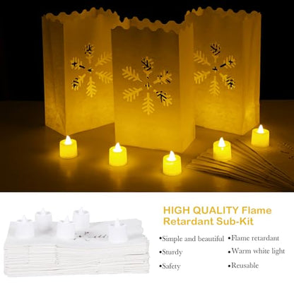 Sabary 50 Sets Luminary Bags with Flameless Tea Lights Outdoor Luminaries LED Lantern Candle Bags for Wedding Birthday Ramadan Christmas Party Decorations Romantic Decor(Snowflake) - style: Snowflake