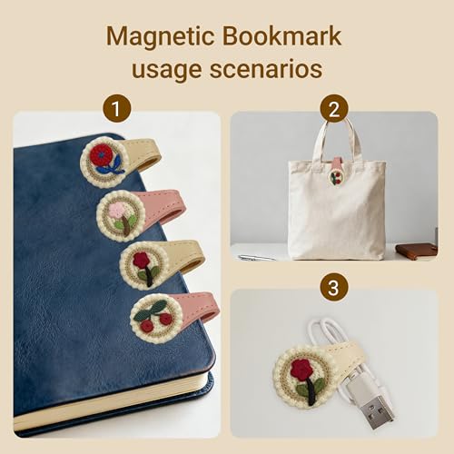 4Pcs Magnetic Leather Bookmark Set, Embroidery Magnetic Bookmarks Clips for Book Lovers Reading, Book Accessories(Flowers)