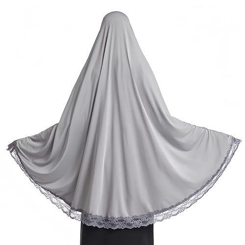 Prlemend 여성용 무슬림 히잡 두바이 실크 스카프 레이스 헤드 랩 스카프 단색 숄 | Milk Silk Fabric, Lace Edge - color: 회색., size: 라지