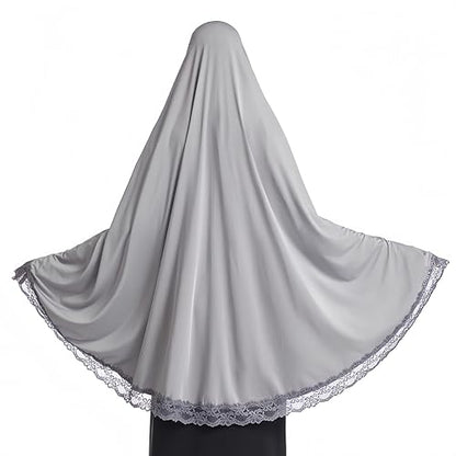 Prlemend 여성용 무슬림 히잡 두바이 실크 스카프 레이스 헤드 랩 스카프 단색 숄 | Milk Silk Fabric, Lace Edge - color: 회색., size: X-Large