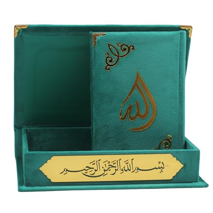 Al Quran Ul karim 13 Line Hafizi Holy koran Arabic Text With Beautiful Design Velvet Cover box - Taj Company Qura'n (Turquoise)