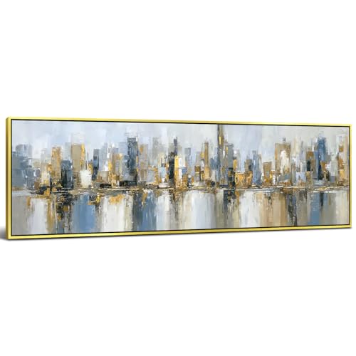 Large Abstract Cityscape Wall Art Gold Framed City Poster Modern Office Wall Decor Watercolor Blue and Gold Graffiti Skyscraper Picture Canvas Prints Buildings Panoramic Artwork Home Decoration 14x48" - color: City