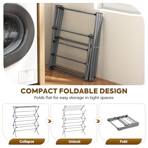 KINGBOARD Clothes Drying Rack, Collapsible Drying Rack Clothing with 11 Poles, 3-Tier Laundry Drying Rack, Small Clothes Drying Rack Foldable for Baby Clothes Sock Towel, 25lb Capacity, Grey - color: Gray